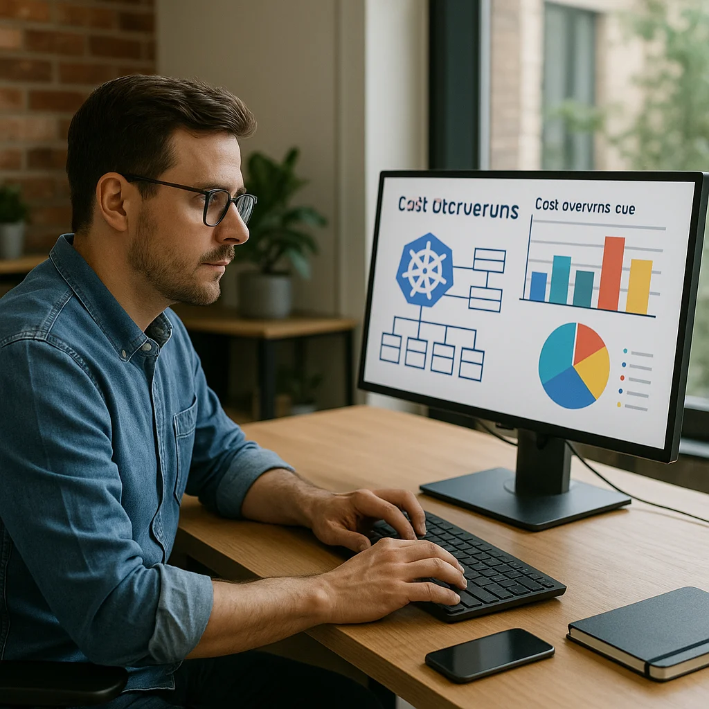 A man in glasses and a denim shirt sits at a desk typing, looking at a monitor displaying a Kubernetes architecture diagram alongside bar and pie charts labeled 'Cost Overruns.'